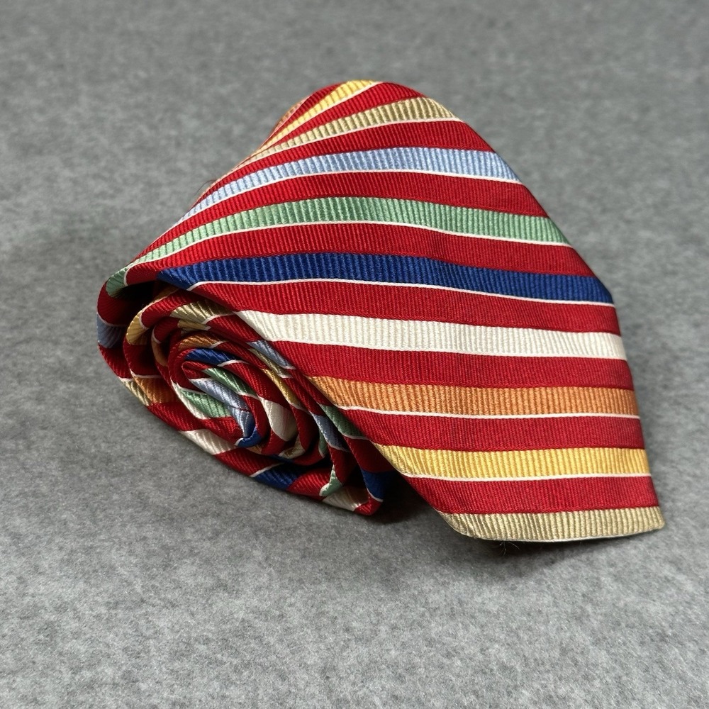 Paul Stuart Silk Tie Italy Red Multi Stripe Classic Regimental 58x3.6in